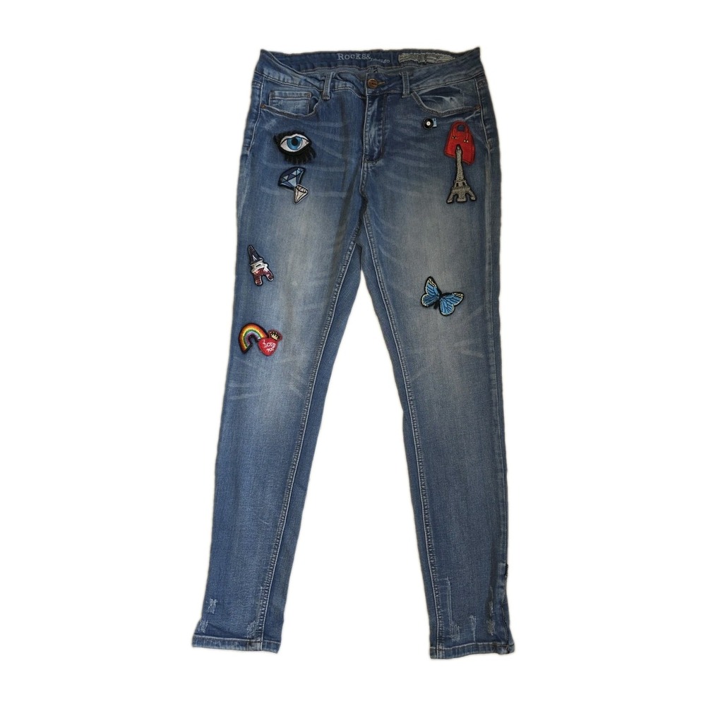 Rocks & Indigo Women's Distressed Light Wash Jeans Blue Denim Patches SZ 12/30